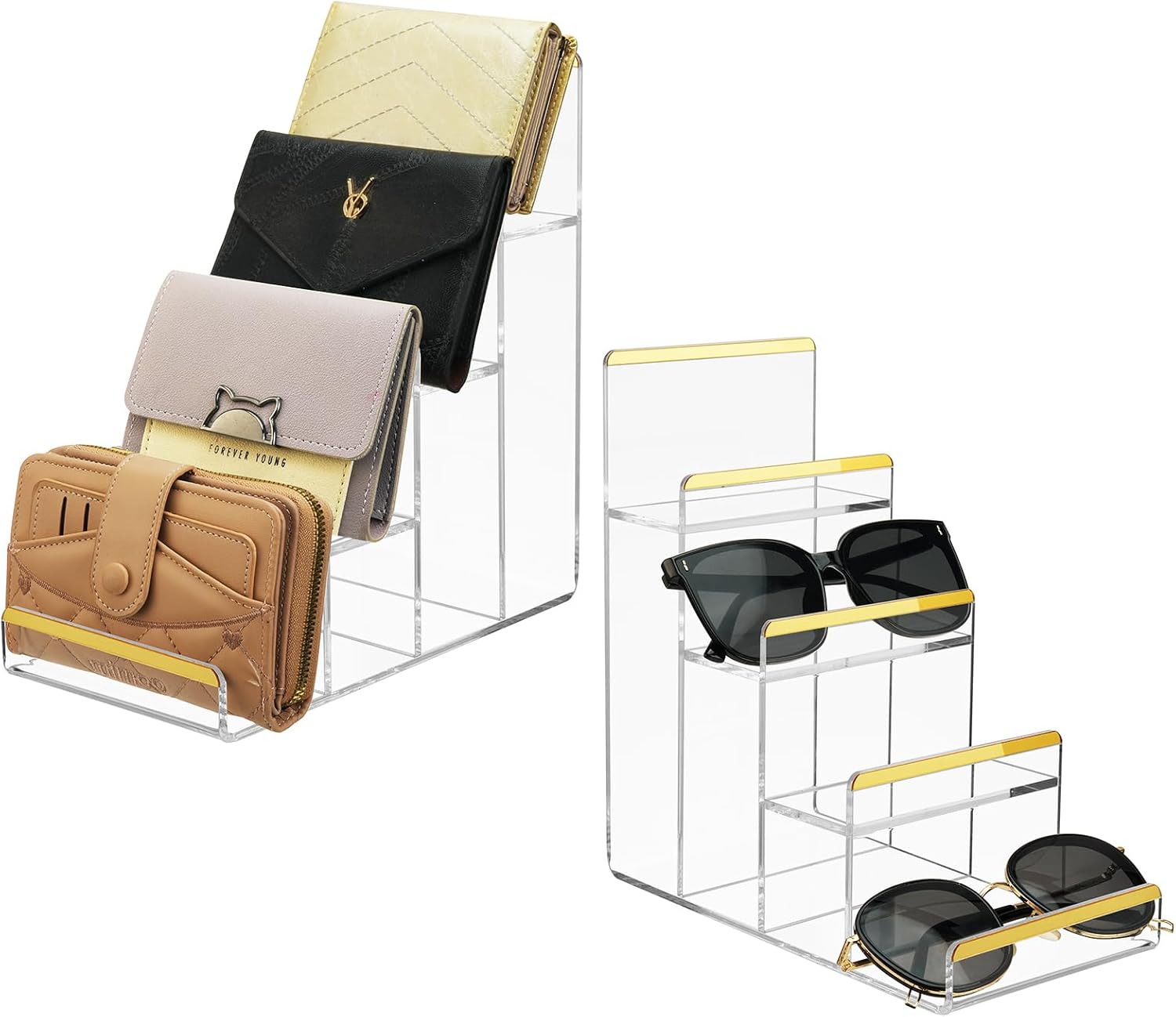 Purse Display Stand, 4Tier Acrylic Wallet Rack, 4MM Thick Clutch Display Shelf, Clear Wallet Holder Organizer, Tabletop Risers Display Stands for Display Handbag Bags Figure Sunglasses (4 Tier)