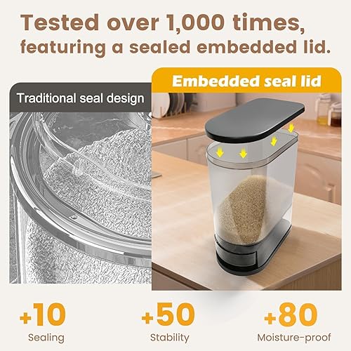 Miniatura 4 de Dispensador grande de arroz de 22 a 25 libras, dispensador de cereales, contenedor de almacenamiento de alimentos con taza medidora, recipientes de