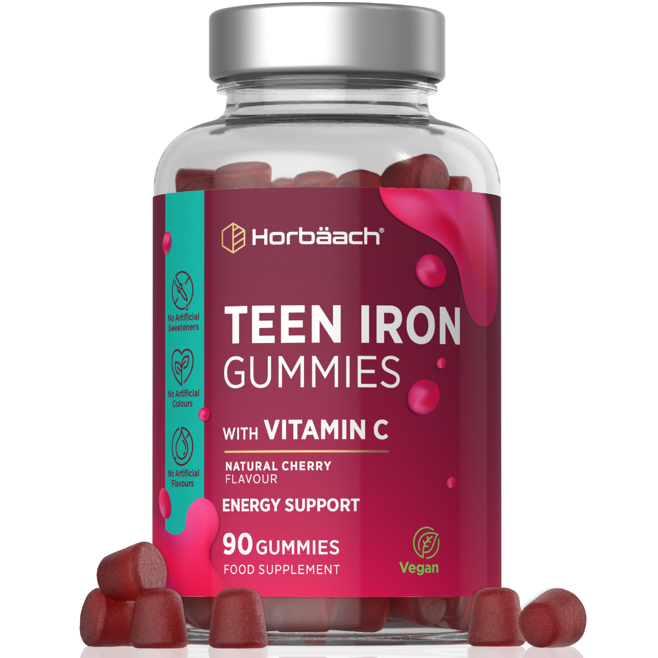 Iron Gummies for Teens with Vitamin C | 90 Count | Cherry Flavour Tablet Alternative for Teens 13+ | 14mg Iron with 40mg of Vitamin C for Absorption | Energy Support | Vegan | by Horbaach