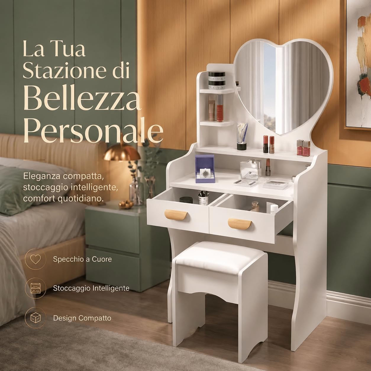 Toeletta da Trucco con Specchio a Cuore e Sgabello Incluso 59x35x118cm - Tavolo Make-up Bianco con 2 Cassetti e Mensole Portaoggetti, Specchiera per Camera da Letto e Cameretta
