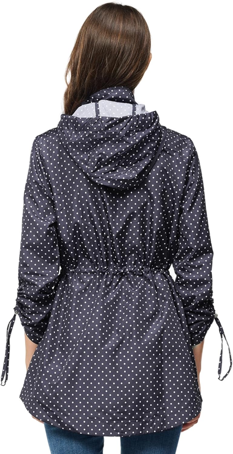 Rain-Jacket Women-Waterproof Lightweight-Packable Hood-Raincoat — Travel Windbreaker Coat in A Pouch Polka Dot