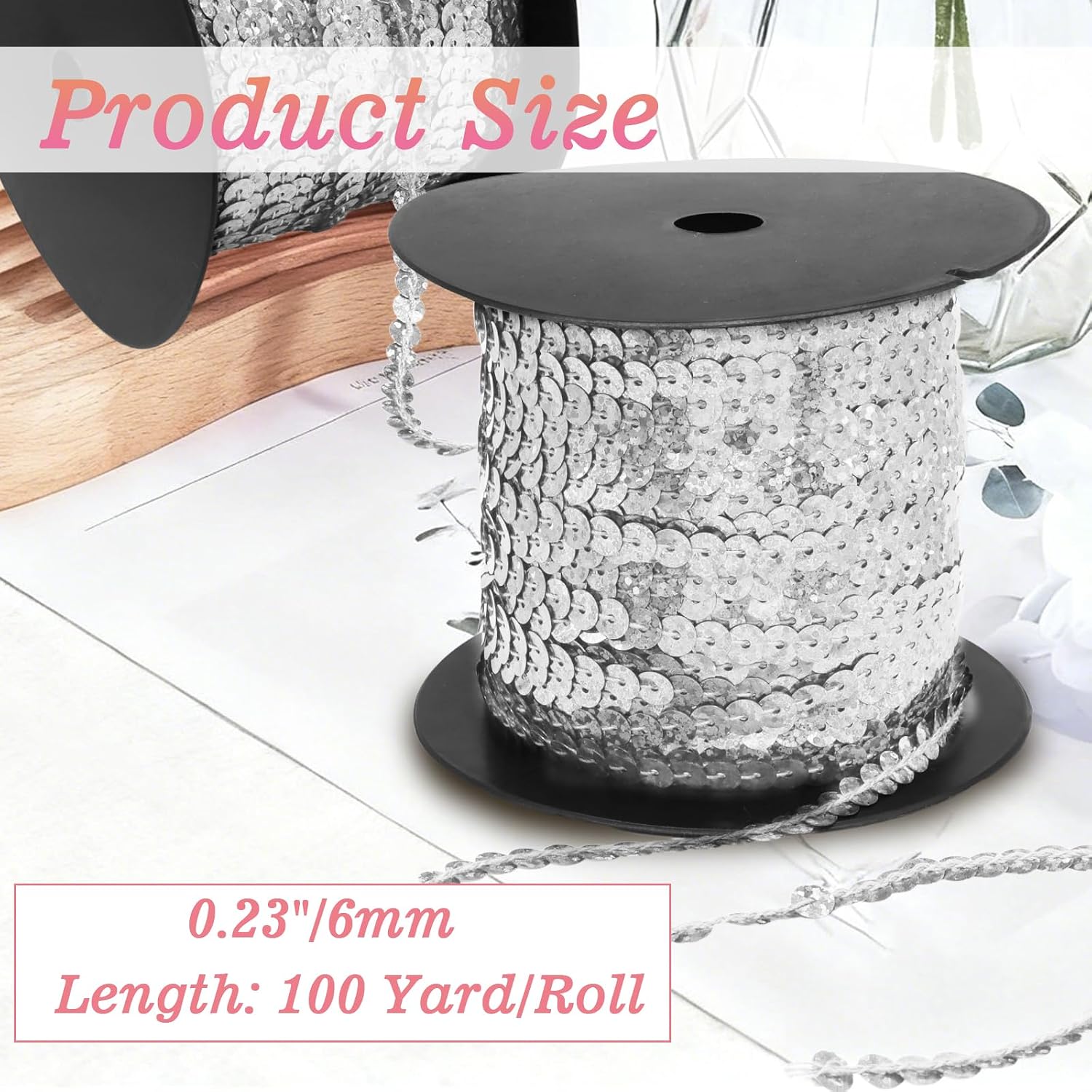100 Yards Sequin Trim, Silver, 6mm Flat Round Sequins
