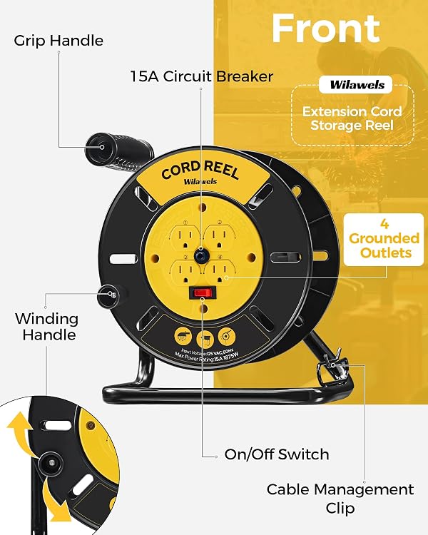 WILAWELS Extension Cord Storage Reel with 4-Grounded Outlets, 15A Circuit Breaker, Heavy Duty Open Cord Reel for 12/3,14/3,16/3 Gauge Power Cord, Hand Wind Retractable, ETL Listed, Yellow Y95CR06 by WILAWELS - Used condition - Image 2