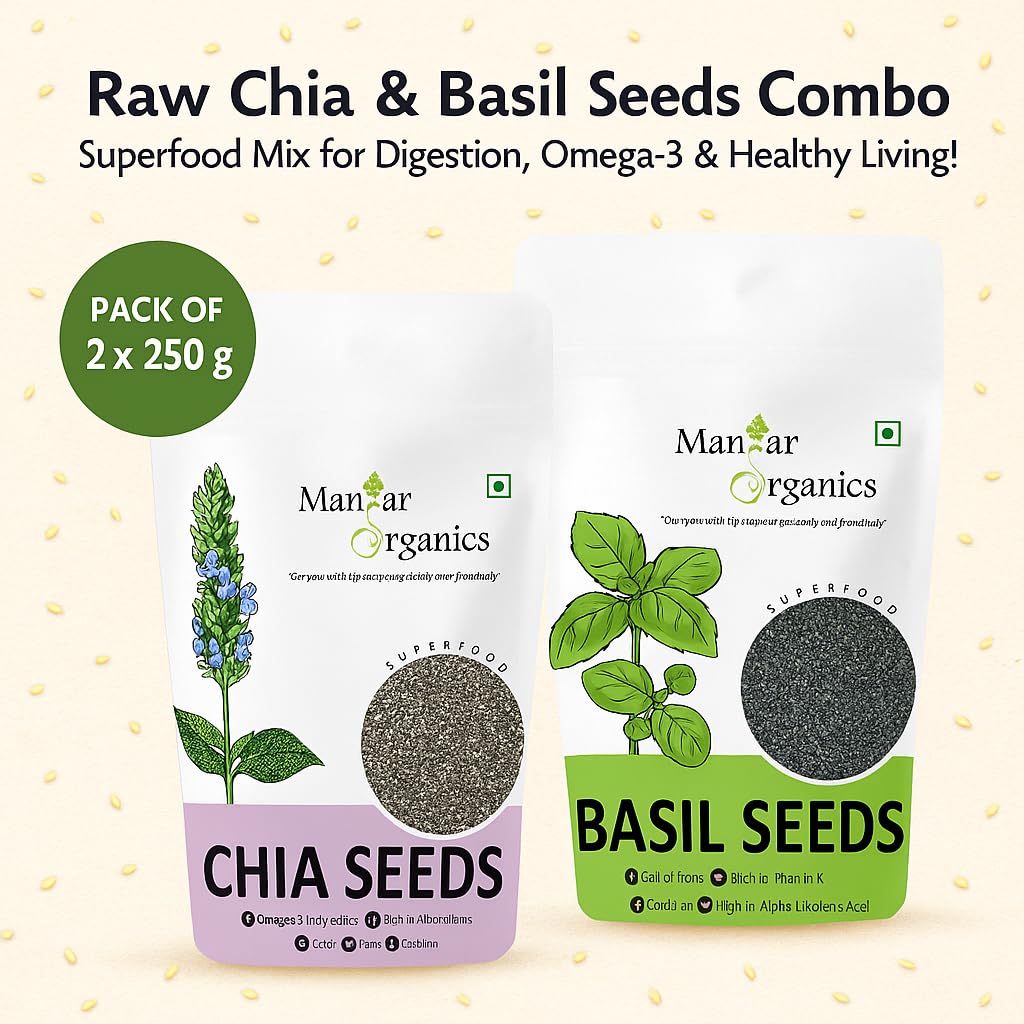 ManHar Organics Basil Seeds & Chia Seeds Combo (Sabja) | Natural Fiber-Rich Superfood Mix | Pack of 2 x 250g 1