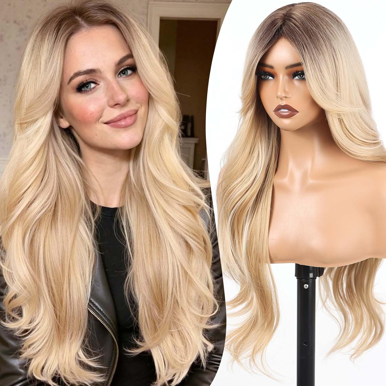 Long Wavy Wig for Women, Synthetic Wigs 26 Inch Layered with Curtain Bangs Blonde Color