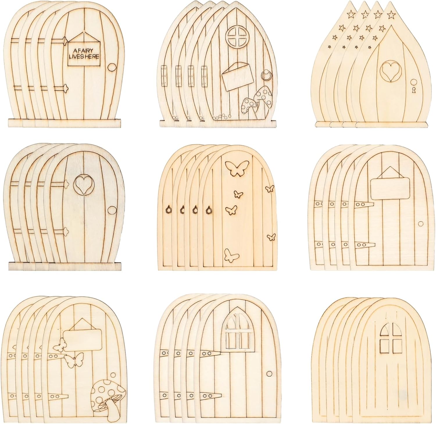 Honbay 36PCS Unfinished Blank Wooden Fairy Garden Door Mini Fairy House Door Wooden Miniature Door Wood Pieces Wood Slices Wood Chips Embellishments for DIY Crafts Home Party Decoration - 9 Styles