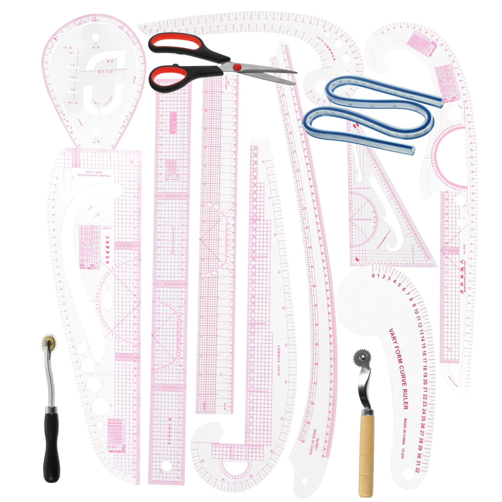 Set di Righelli da Cucito 14 Pezzi per Taglio e Modellistica | Pvc, Legno e Acciaio Inossidabile, per Principianti e Esperti del Cucito, Strumenti per Modelli