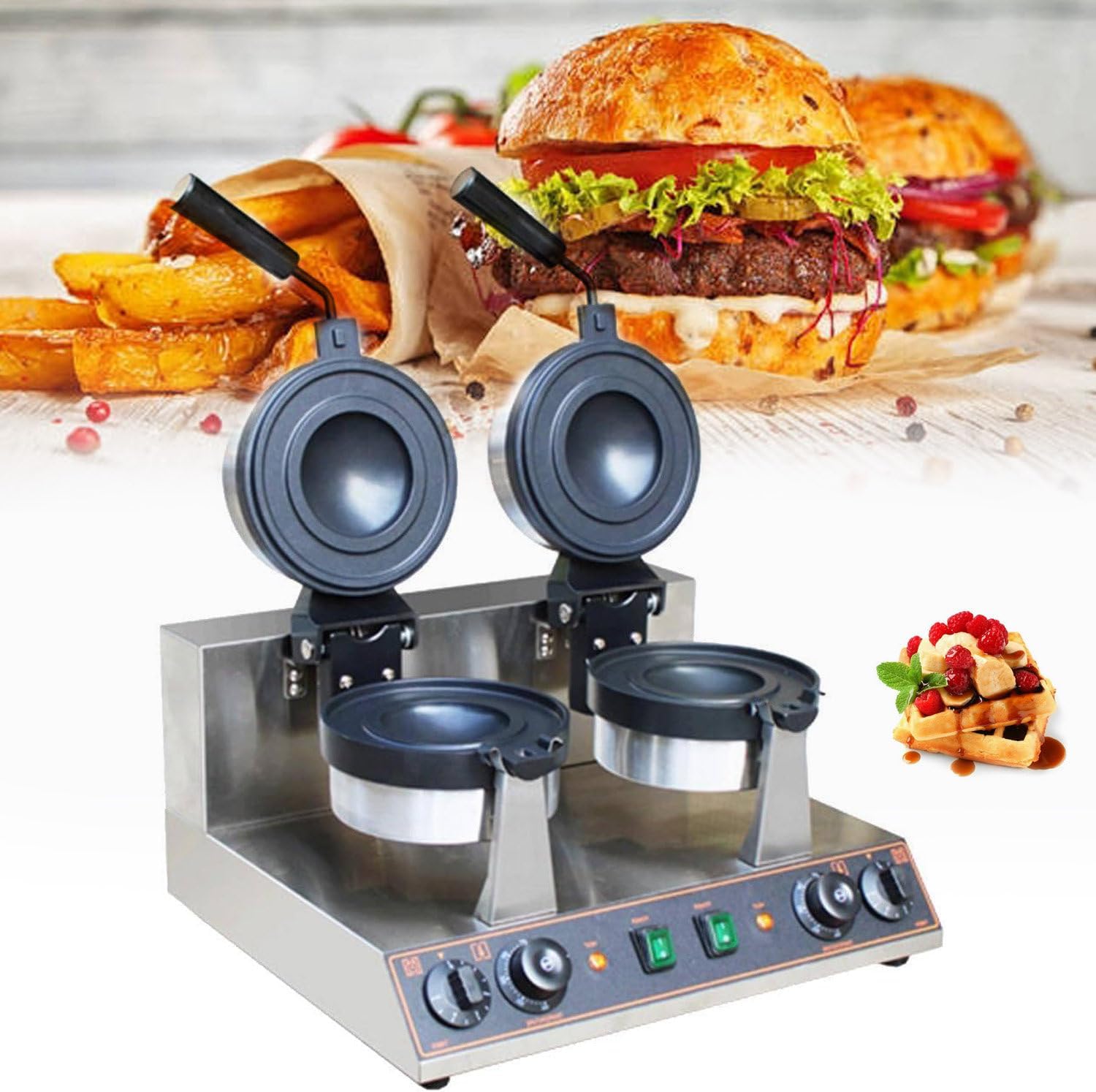 Waffle Maker Commercial Electric Burger Panini Maker Machine,Ice Cream Burger Maker,1300W/2600W Electric Burger Waffle Maker,Non Stick Panini Hamburger Press Machine,A,B