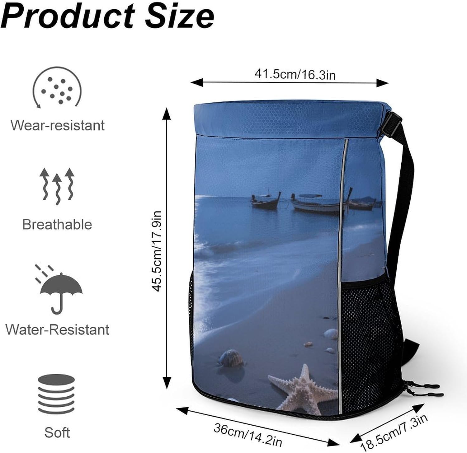 Moon Beach Drawstring Backpack with Wet Pocket - Large Capacity Gym Bag with Shoe Compartment & Mesh Pockets, Adjustable Lightweight Gym Backpack for Swimming, Travel, Workout