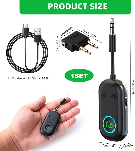 2026 Upgraded Bluetooth 5.3 Transmitter Receiver, 2-in-1 Dual Pairing Wireless Car Bluetooth Adapter, 3.5mm AUX Jack Audio Transmitter Compatible with 2 AirPods for TV, Airplane, Headphone, Speaker