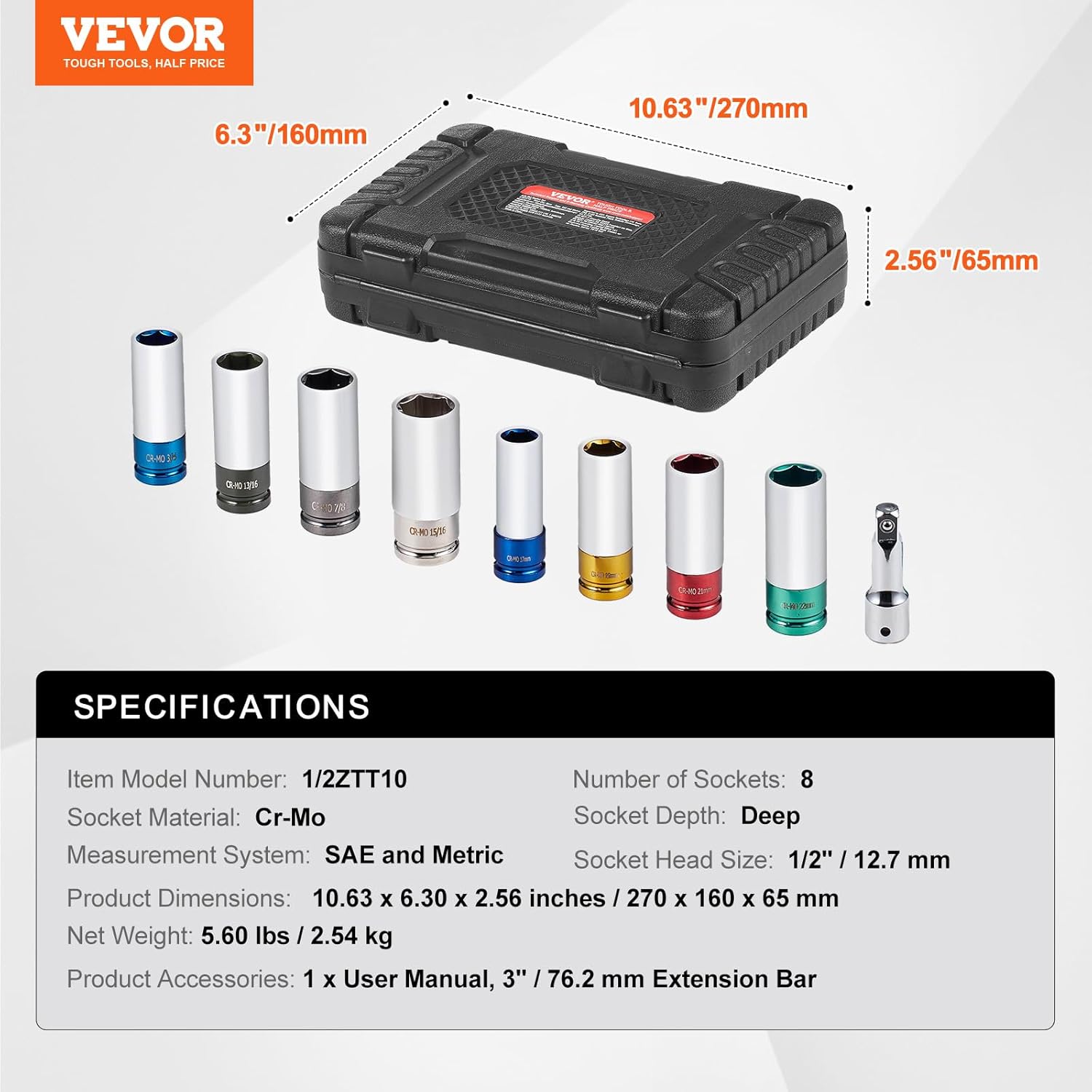 VEVOR 9-Piece Lug Nut Impact Socket Set 1/2 Inch Drive, Metric and SAE, 6-Point, CR-MO, Deep Wheel Protector Impact Socket Set With Storage Case and Extension Bar for Auto Repair