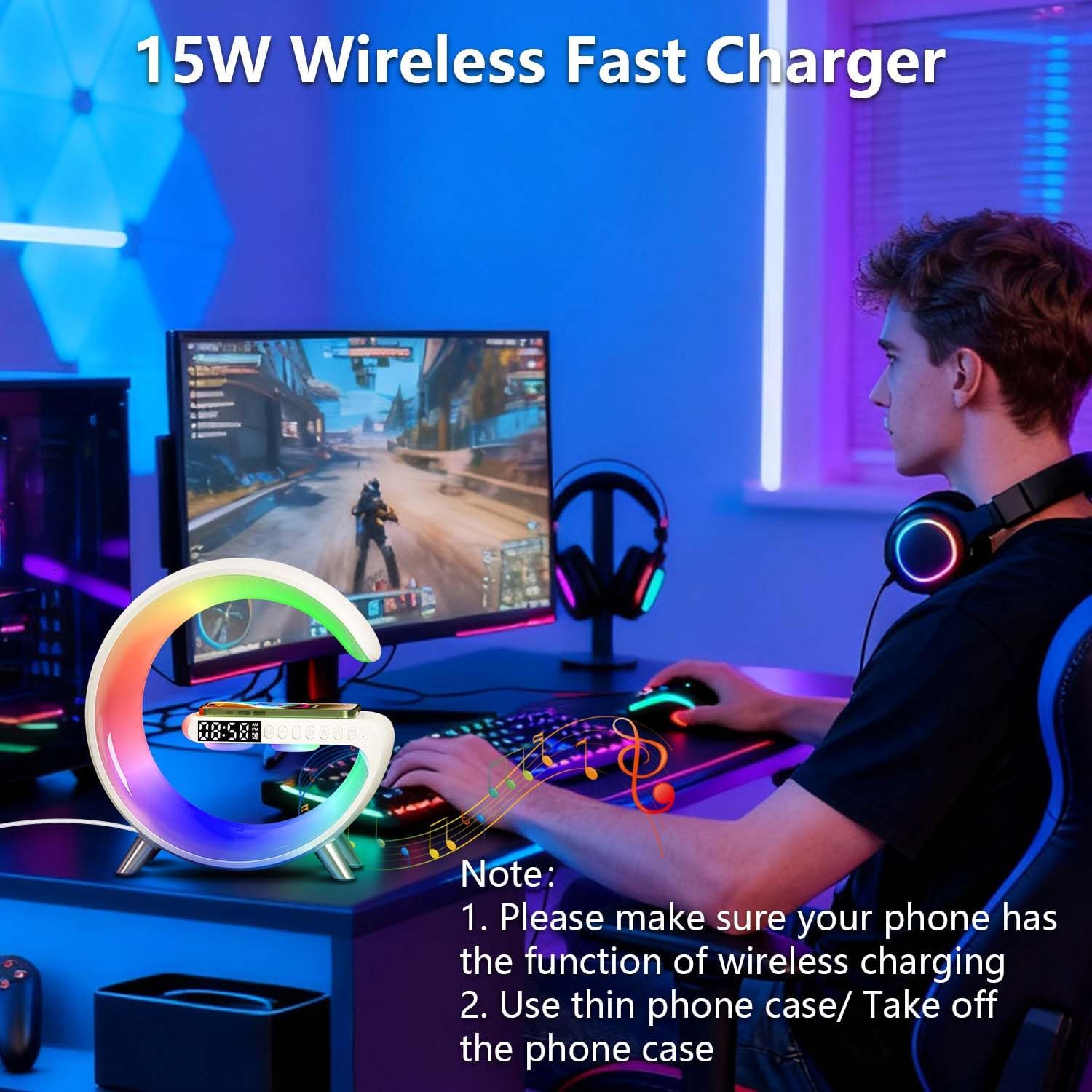 2026 New Wireless Speaker Charger, Smart Alarm Clock LED Table Lamp Bluetooth Speaker Atmosphere Bedside Light with Wireless Charging Station,Alarm Clock Music Lit Lamp Christmas Gift