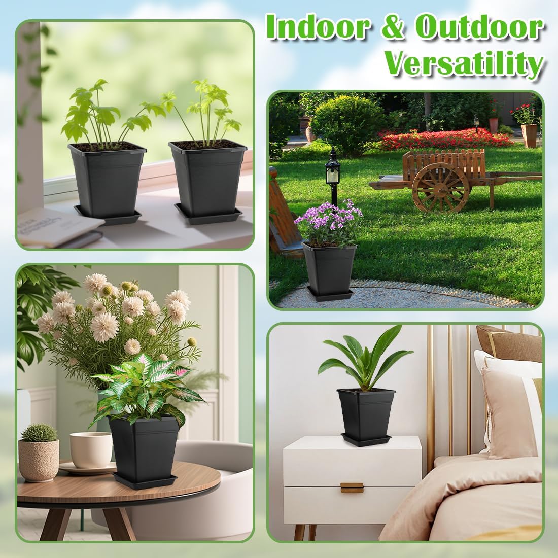 6 inch Plant Pots, 10 Pack Flower Pots Outdoor Indoor, Square Plastic Planter with Drainage Holes and Saucers, 0.5 Gallon Planter Pots for Plants Deep Capacity Garden Pot Container with Tray