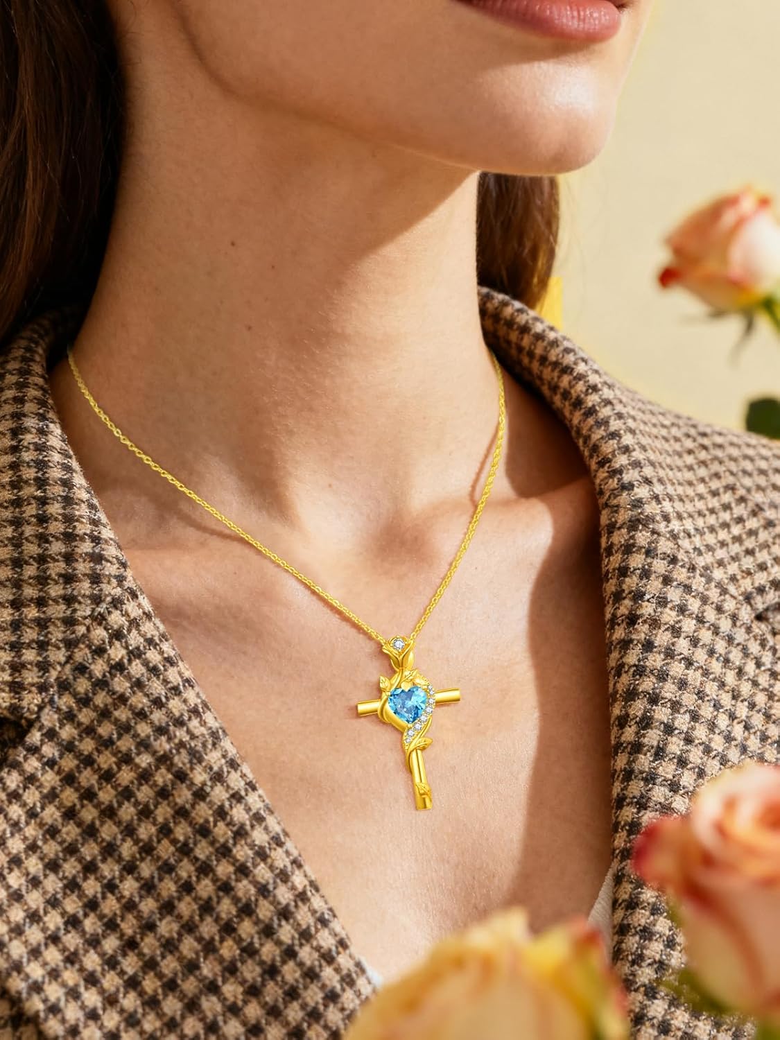 Mothers Day Jewelry Gifts for Mom, Rose Cross Necklaces for Women, 14K/18K/24K Gold/Rose Gold Cross Jewelry with Birthstone Pendant, Birthday Gifts for Women, 18+2 Inch Chain