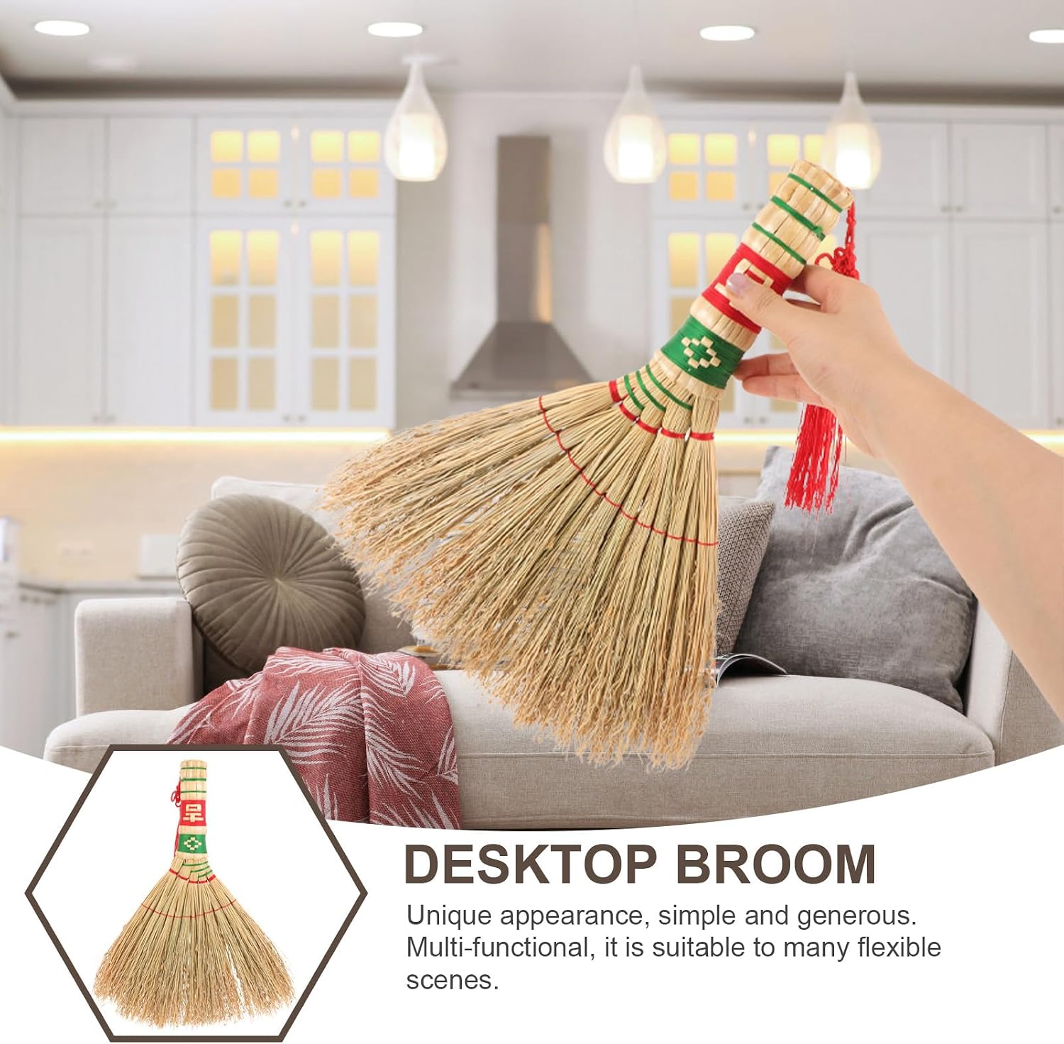 OSALADI Small Household Woven Broom with Handle, Manual Desktop Dust Broom for Bed Sofa Cleaning, Natural Straw Hand Duster for Indoor Sweeping