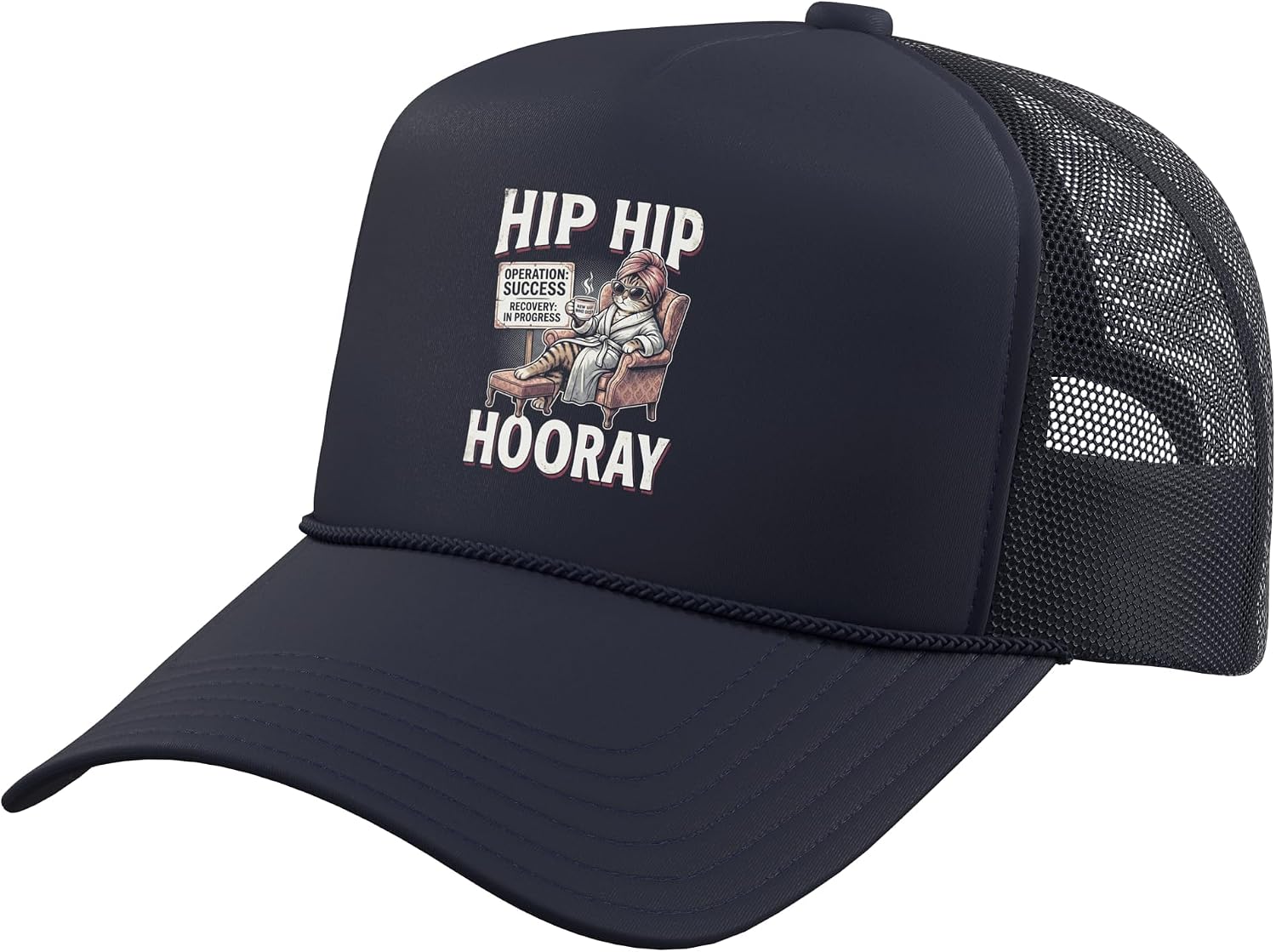 Hip Hip Hooray Funny Cat Surgery Recovery Hip Replacement Trucker Hat with Adjustable Mesh Back