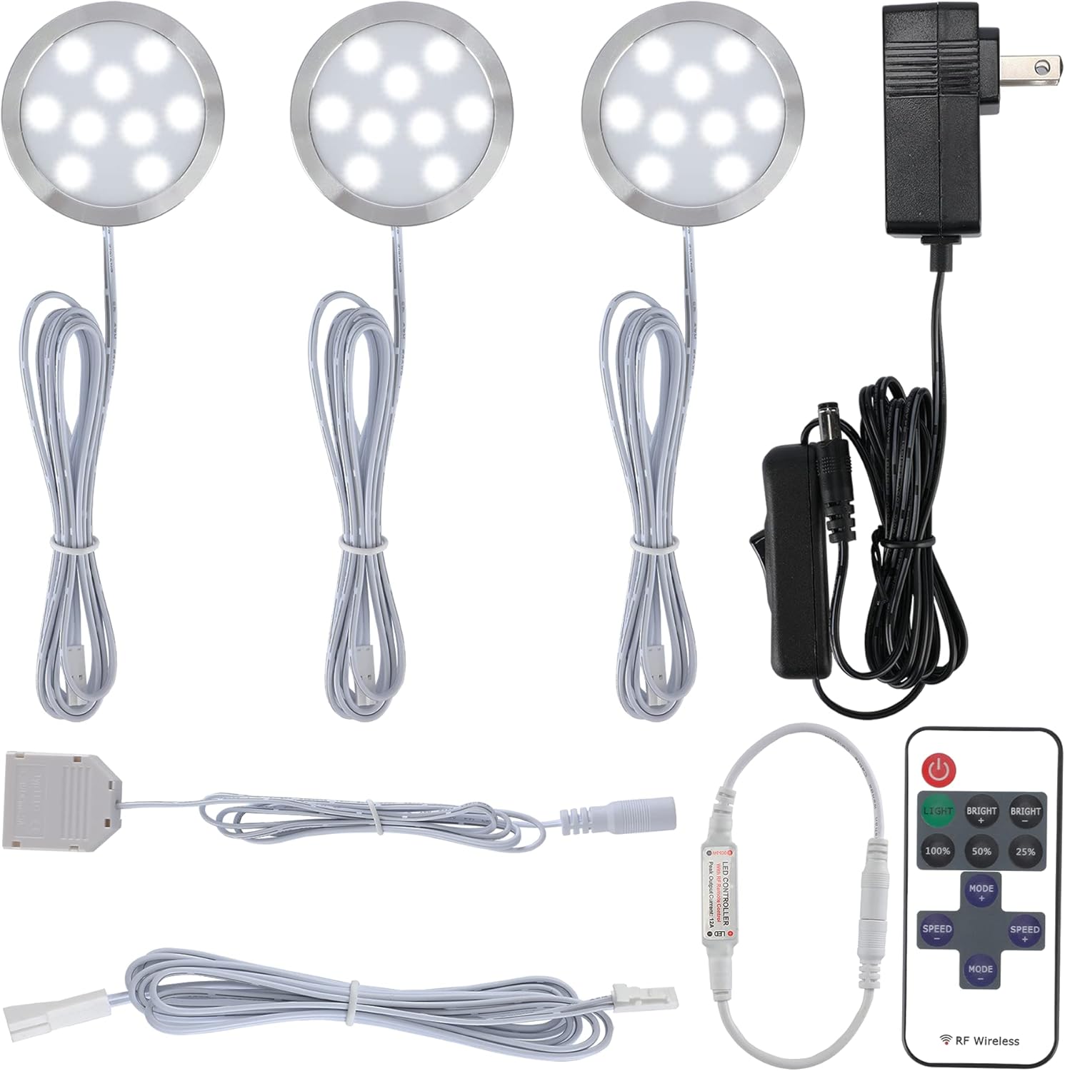 Plugged in Under Cabinet Round Puck Lighting Kit, 110V Electric Wired LED Closet Bookcase Lights, Remote Control Dimmable, 3-Way Octopus Junction Box Wiring, 3 Lights, Cool White