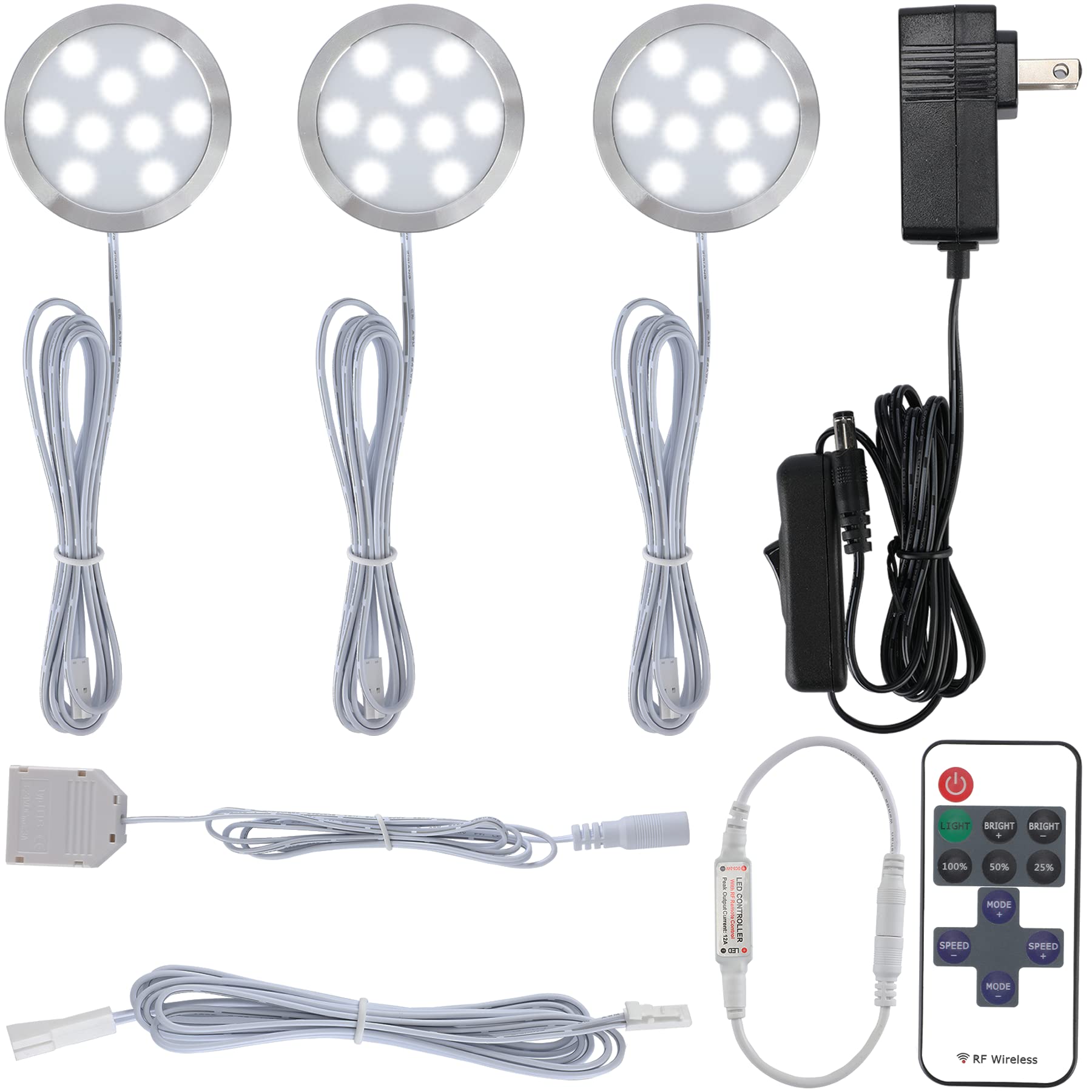 Plugged in Under Cabinet Round Puck Lighting Kit, 110V Electric Wired LED Closet Bookcase Lights, Remote Control Dimmable, 3-Way Octopus Junction Box Wiring, 3 Lights, Cool White