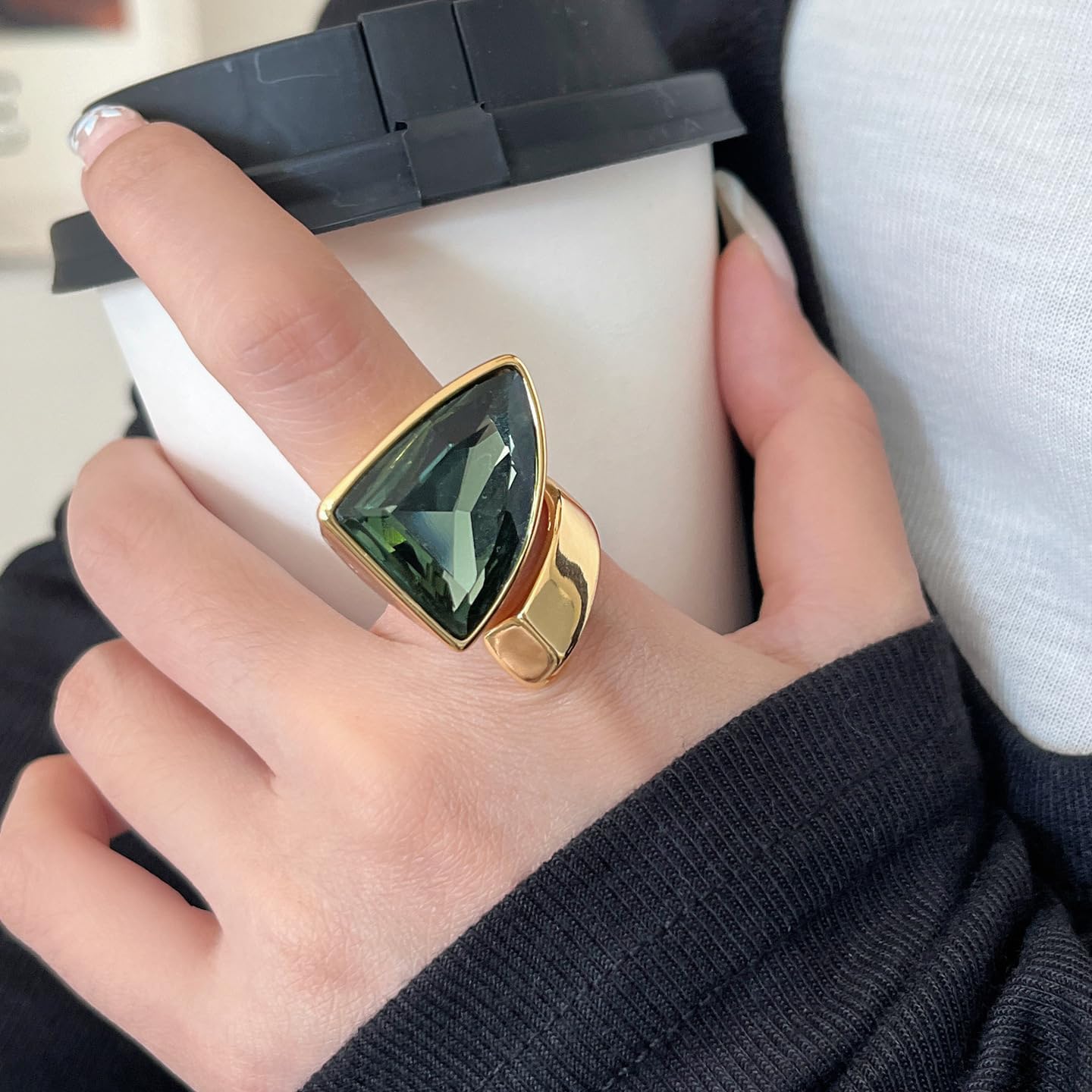 Chunky Green Rhinestone Triangle Open Large Statement Ring For Women Adjustable Wrap Band Exaggerated Thick Geometric Crystal Stone Finger Rings Wedding Party Cocktail Prom Fashion Jewelry Gifts