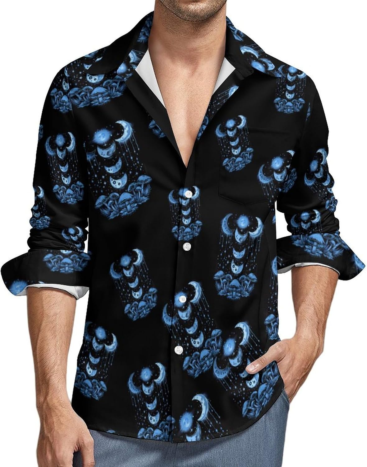 Moon Phases Mushrooms Novelty Men's Long Sleeve Shirts Casual Button Down Shirt Pullover Tops