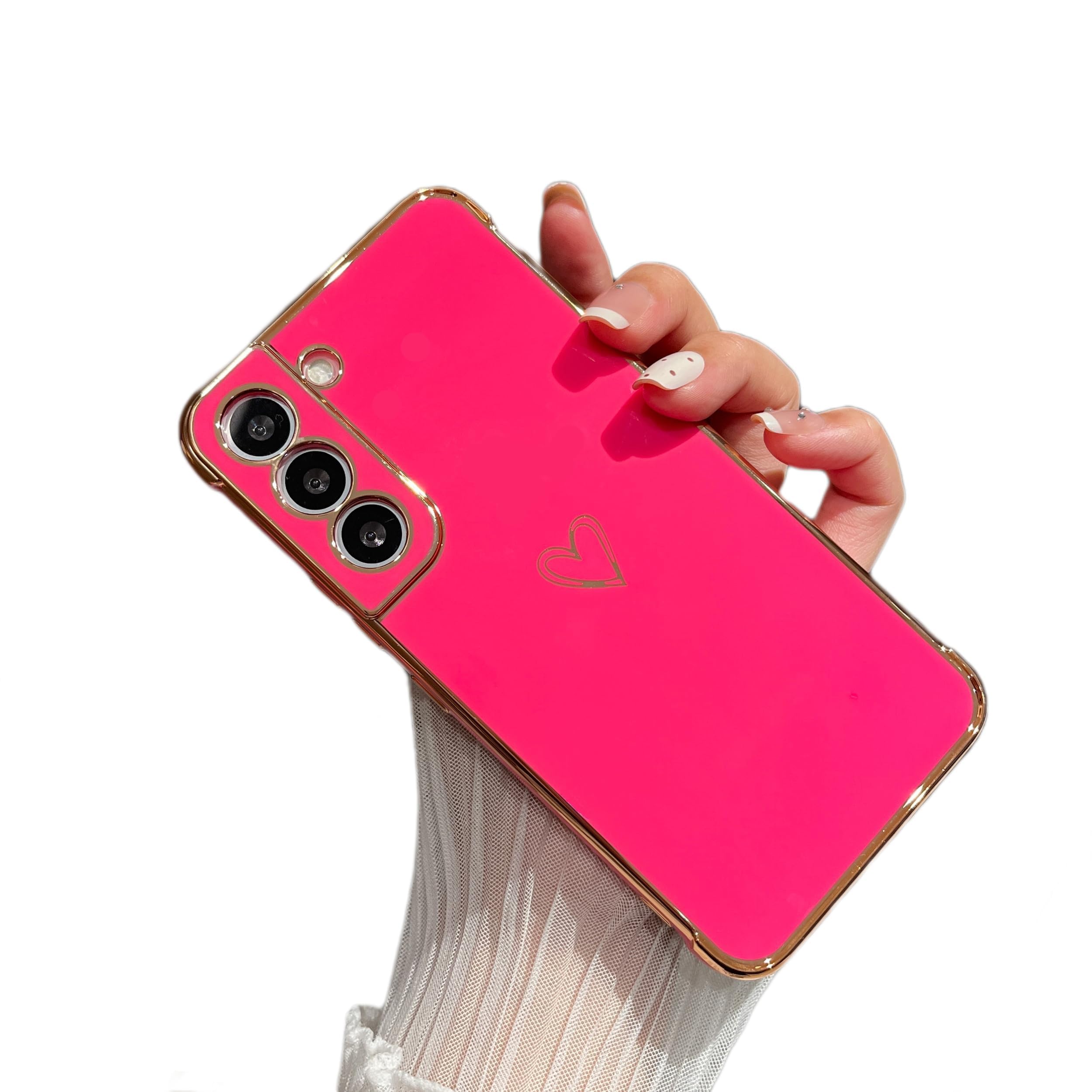 ZTOFERA Designed for Samsung Galaxy S21 Case,Cute Plating Edge Love Hearts Pattern with Camera Lens Protection Phone Cover for Samsung Galaxy S21 6.2 inch,Hot Pink