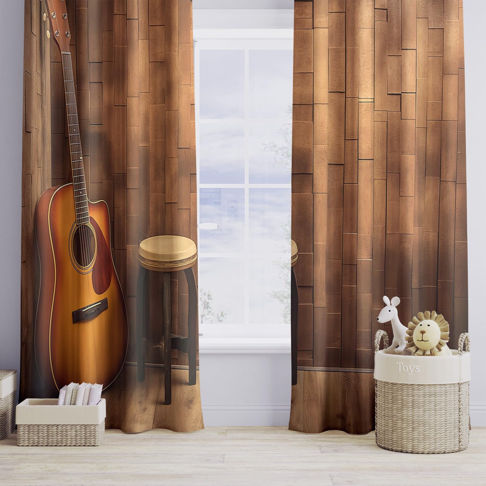 Marrone Tende stampate per tende da camera da letto e Chitarra vintage di musica country Tende 140L x 225A cm (2 Pannelli)(W x L) Tende stampate a risparmio energetico che bloccano la luce Tende