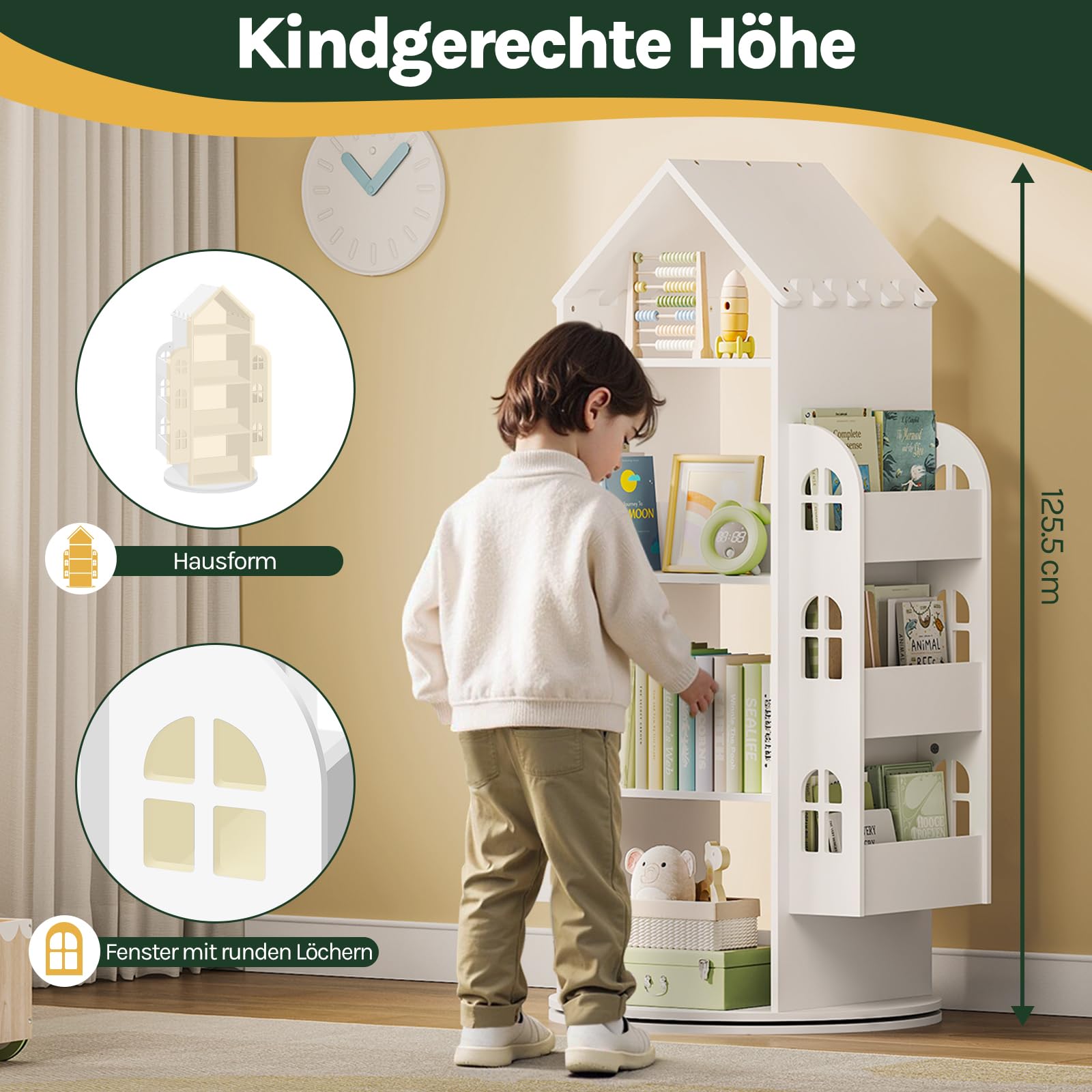 WOLTU Drehbares Bücherregal Kinder, mit 4 Ebenen 2 Seitenregalen, Weiß