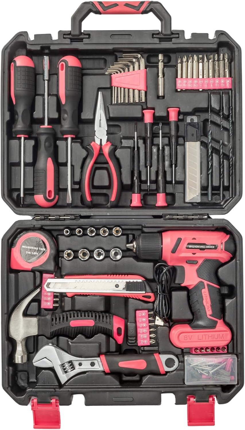 146PCS Home Repair Tool,8V Pink Cordless Drill Tool Set, House Repairing Hand Tool Kits with Portable Case, Lady's Home Repairing Tool Kit with Drill in Tool Storage Case for DIY Home Maintenance