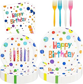 96pcs Birthday Paper Plates Napkins Party Supplies Set, 9inch Colorful Dots Happy Birthday Dinner Plate and 7inch Dessert Plate Disposable Multicolor Party Decorations for Kids Boys Girls