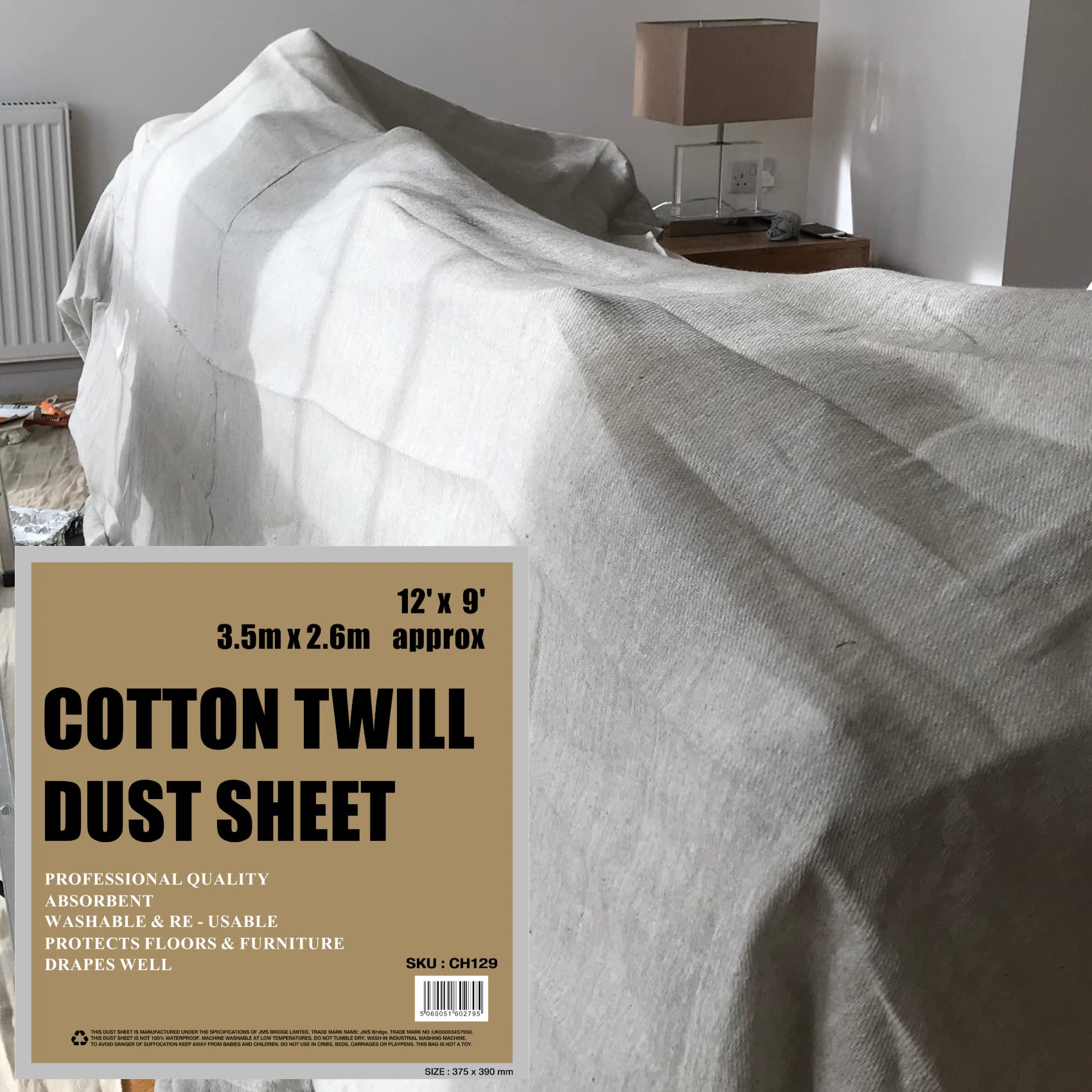 Cotton Dust Sheets for Painting & Decorating | Polythene Backed Drop Cloths | Reusable Paint Cover Sheets for Furniture, Floor, DIY (Recycled Cotton Twill, 12ft x 9ft - 3.50m x 2.60m)
