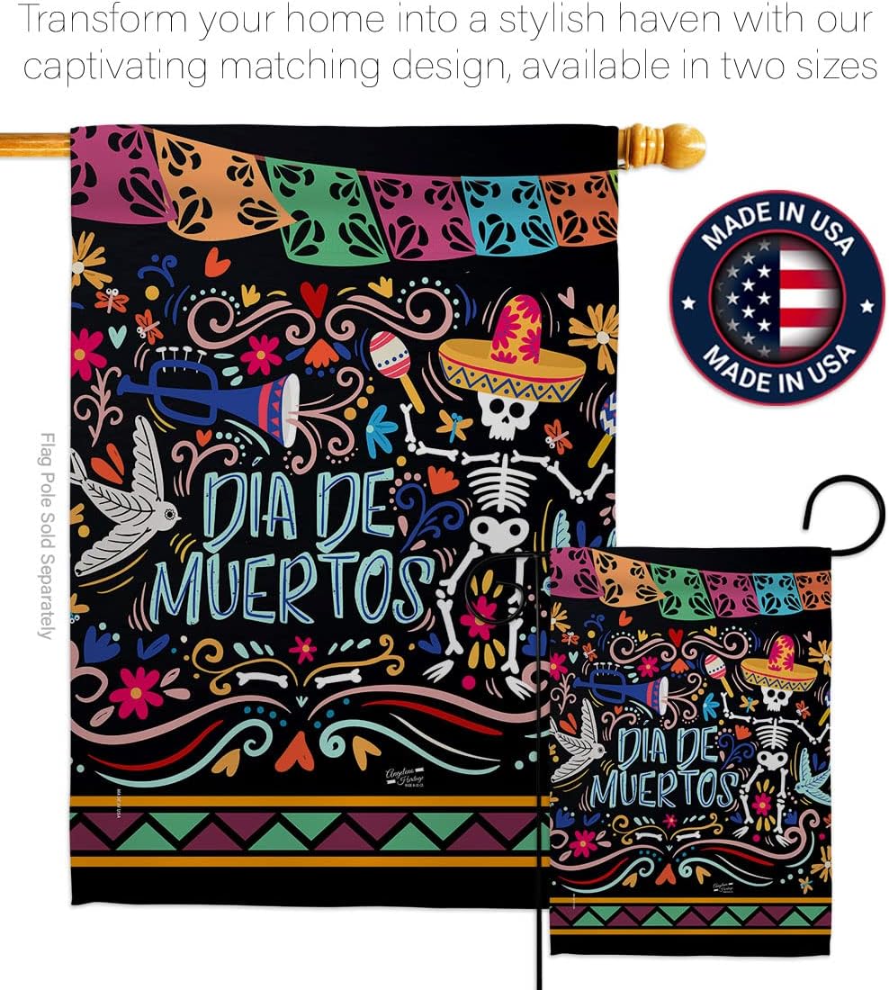 Colorful Dia de Muertos Garden Flag - Set with Stand Fall Day of Dead Los Fiesta Mexican Party Autumntime - House Decoration Banner Small Yard Gift Double-Sided Made In USA 13 X 18.5