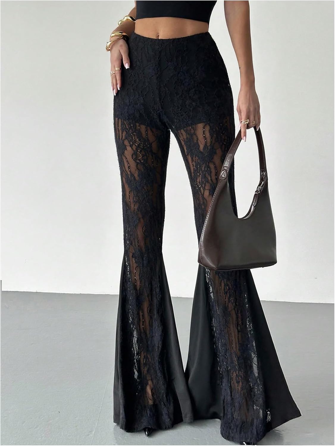 SHENHE Women's Sheer Lace Bell Bottom Pants Y2k Low Rise Elastic Waist Fairycore Flare Pants