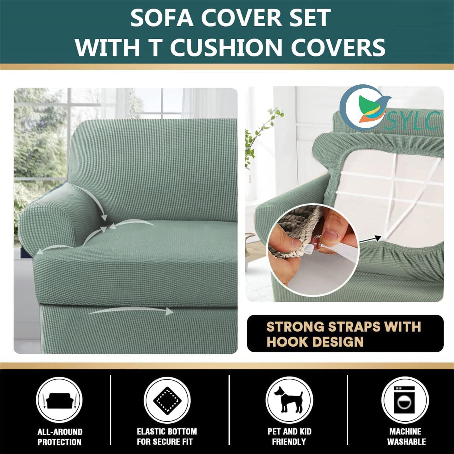 3 Piece Set Sofa Slipcover Stretch Couch Slipcover with 2 Large Individual T Cushion Seat Slipcovers Protector Sofa Covers Jacquard Knitted 180-243CM (Color : Green)