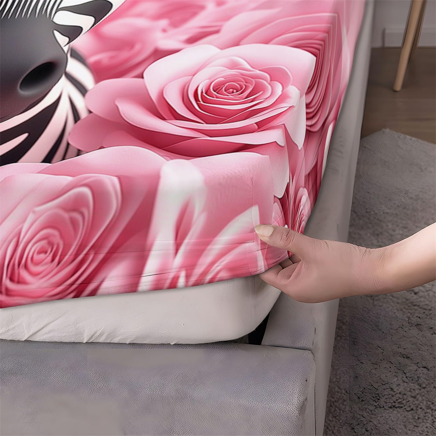 Lenzuolo con angoli 160 x 200 cm Simpatica rosa zebrata Biancheria da letto 3 pezzi con angoli stampati Rosa Lenzuolo Lenzuolo con angoli extra profondo con federe