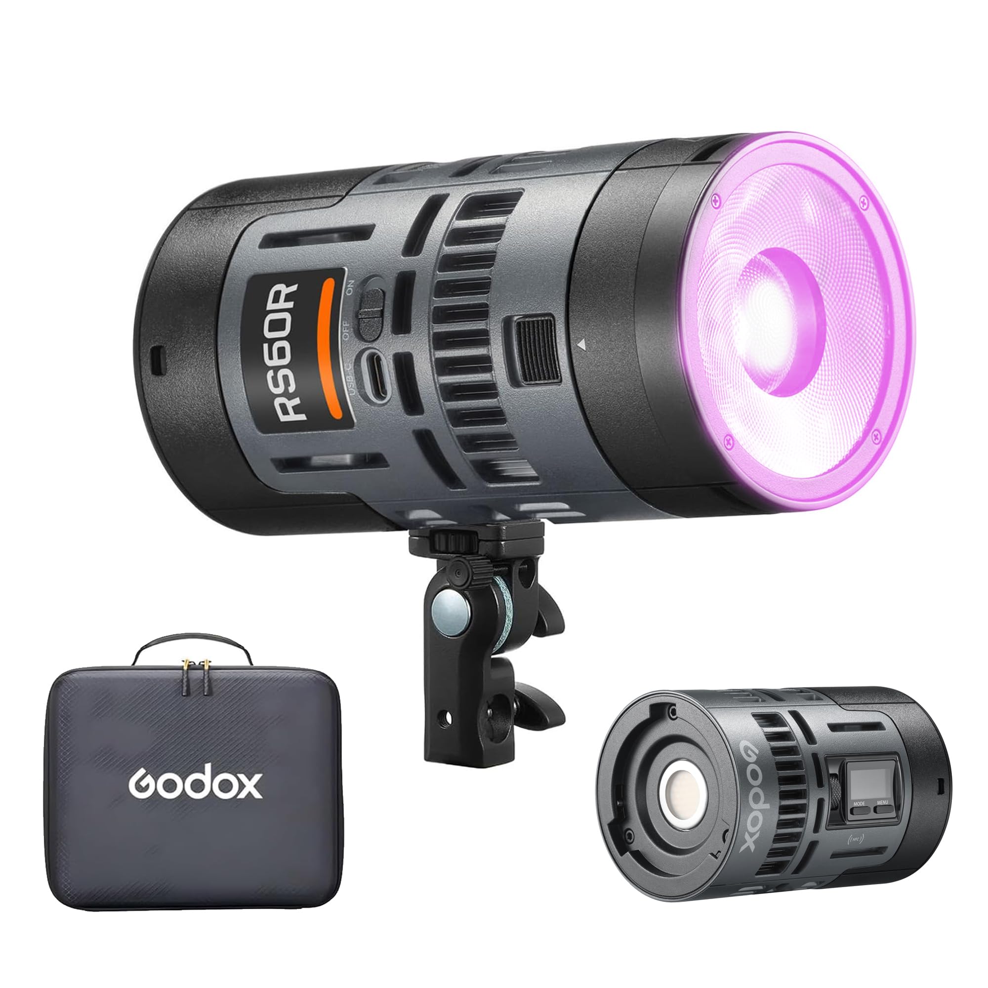 Godox RS60R RGB LED Video Light,Mini Size 60W Power,CCT/HSI/RGBW/FX Mode,with Detachable Battery,Support E27 Socket/USB/NPF/V-Mount Battery Power for