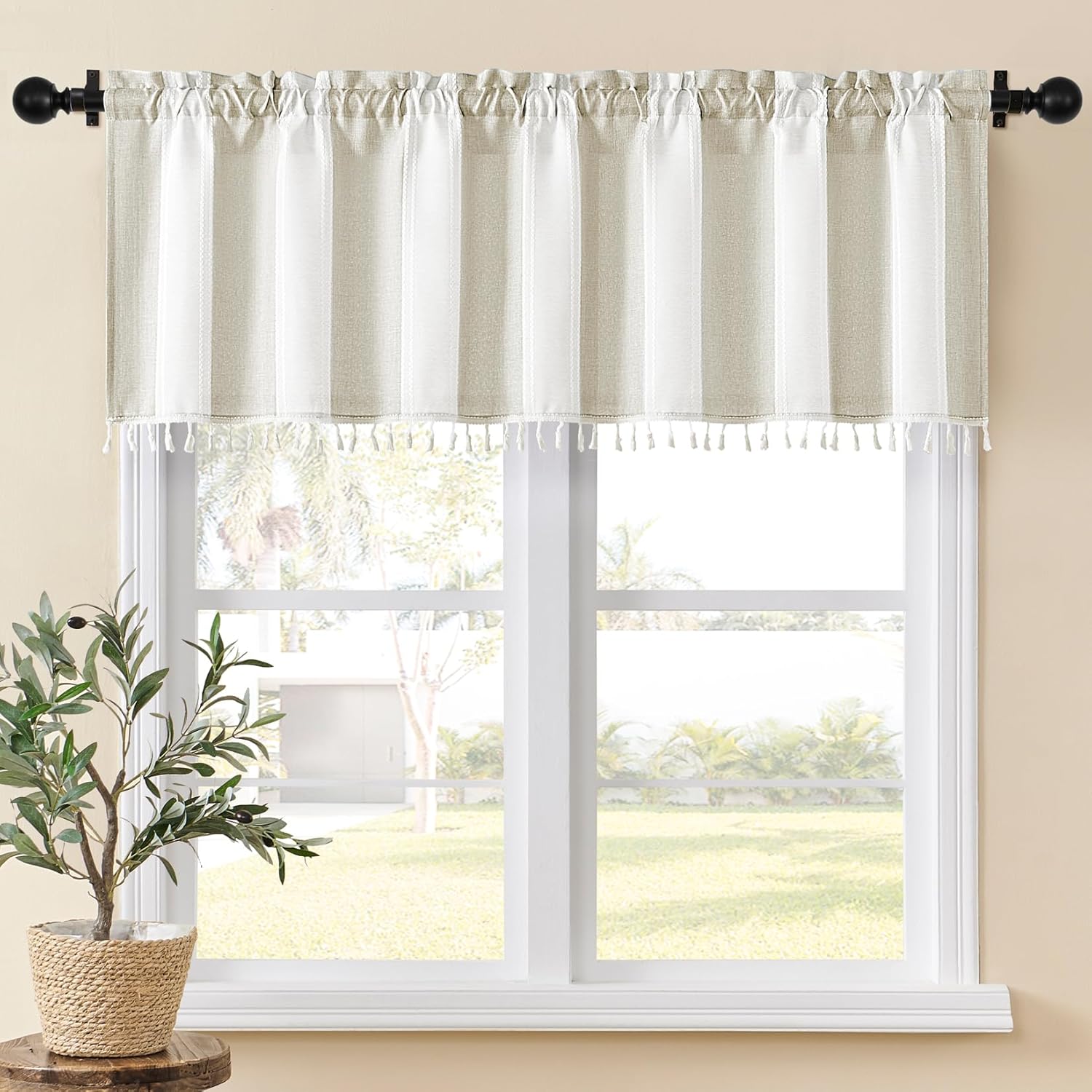 Home Queen Boho Striped Linen Window Curtain Valance with