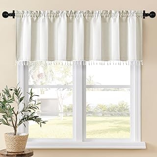 Home Queen Boho Striped Linen Window Curtain Valance with Tassel for Living Room Bedroom Bathroom Farmhouse Curtain Valence Light Filtering Kitchen Curtain Topper