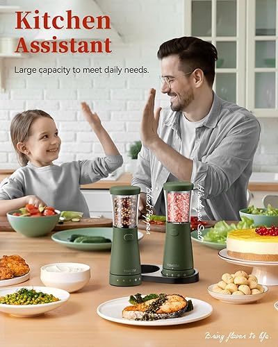 Miniatura 8 de Juego de molinillo eléctrico de sal y pimienta con base de almacenamiento, juego de molinillo de sal y pimienta recargable de acero inoxidable con