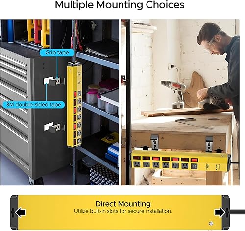 Miniatura 6 de CRST Regleta de alimentación resistente de 6 salidas con USB e interruptores individuales, 1200 julios, protector de sobretensiones montado en