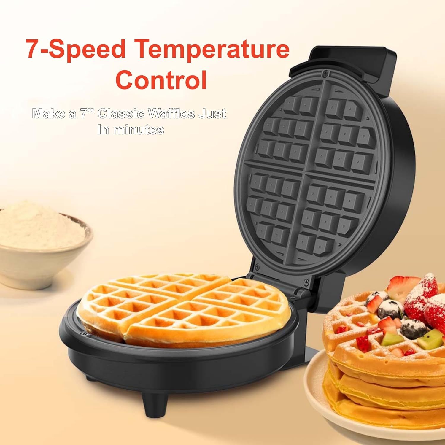 Aottop 7 Inches Round Classic Waffle Maker, 1000W Fast Heating Waffle Iron with 7-speed Temperature Control, Non-Stick Coating, Indicator Lights, Compact Design for Breakfast Belgian Waffles