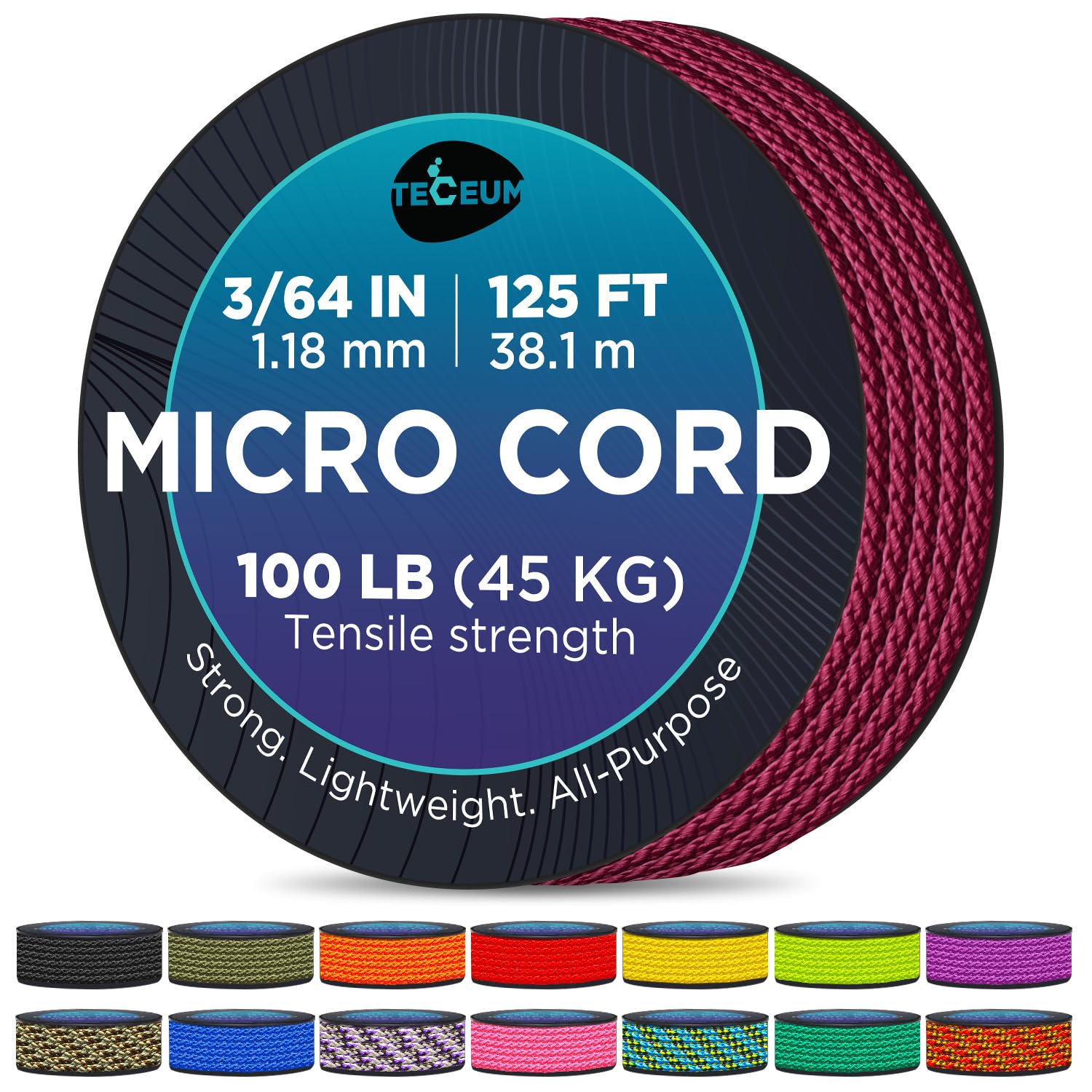 MICRO PARACORD: 1.18 mm thick. Color: Maroon. Length - 38.1 m. Tensile Strength: 45.35 kg (100 LB). Thin, lightweight and strong. Comes on a compact & convenient spool (77.98 mm x 77.98 mm).