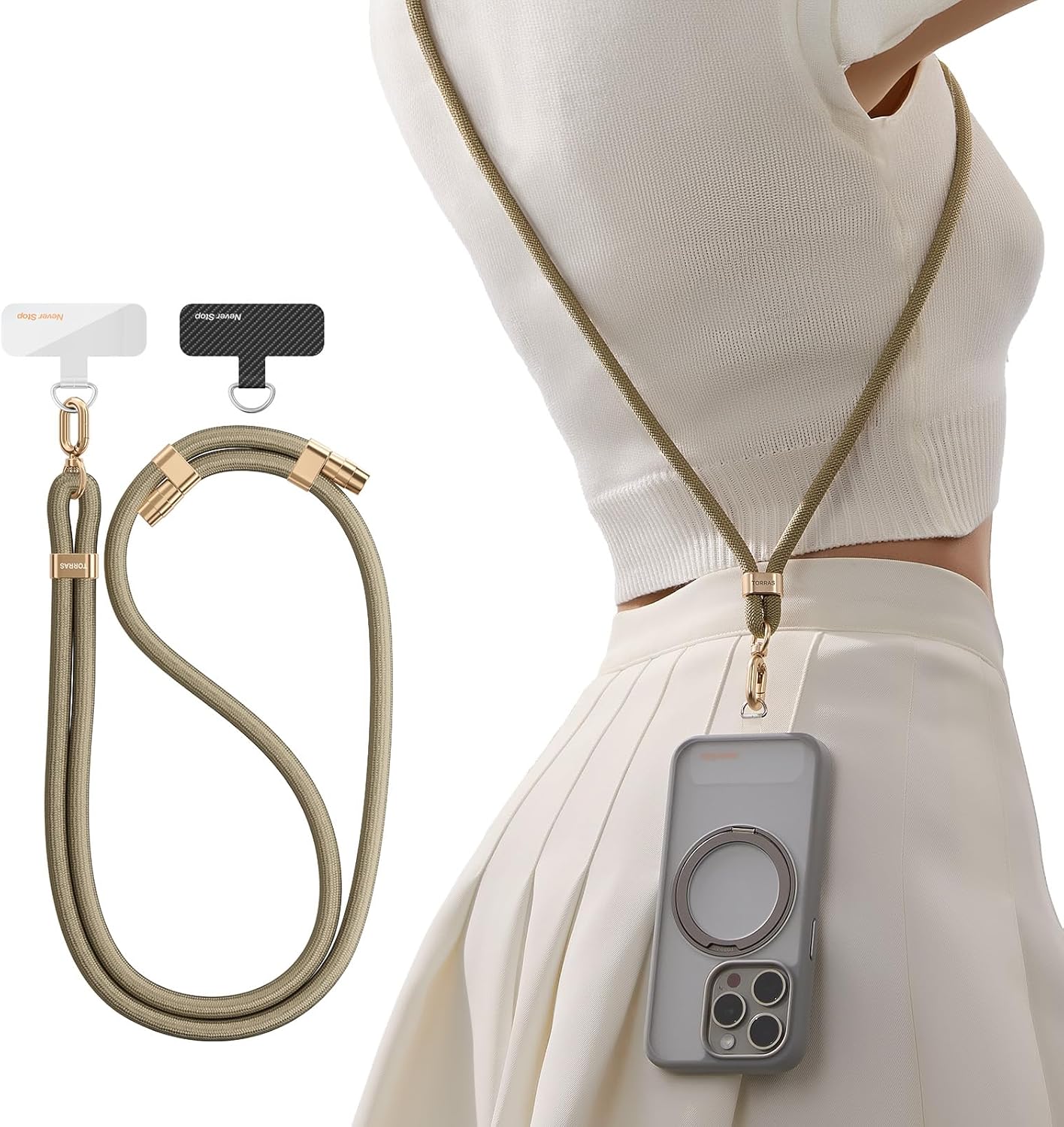torras phone lanyard crossbody with 2 phone tabs, adjustable anti theft phone strap for all phones, premium metal buckles, skin-friendly, universal cell phone neck lanyard for women and men, khaki