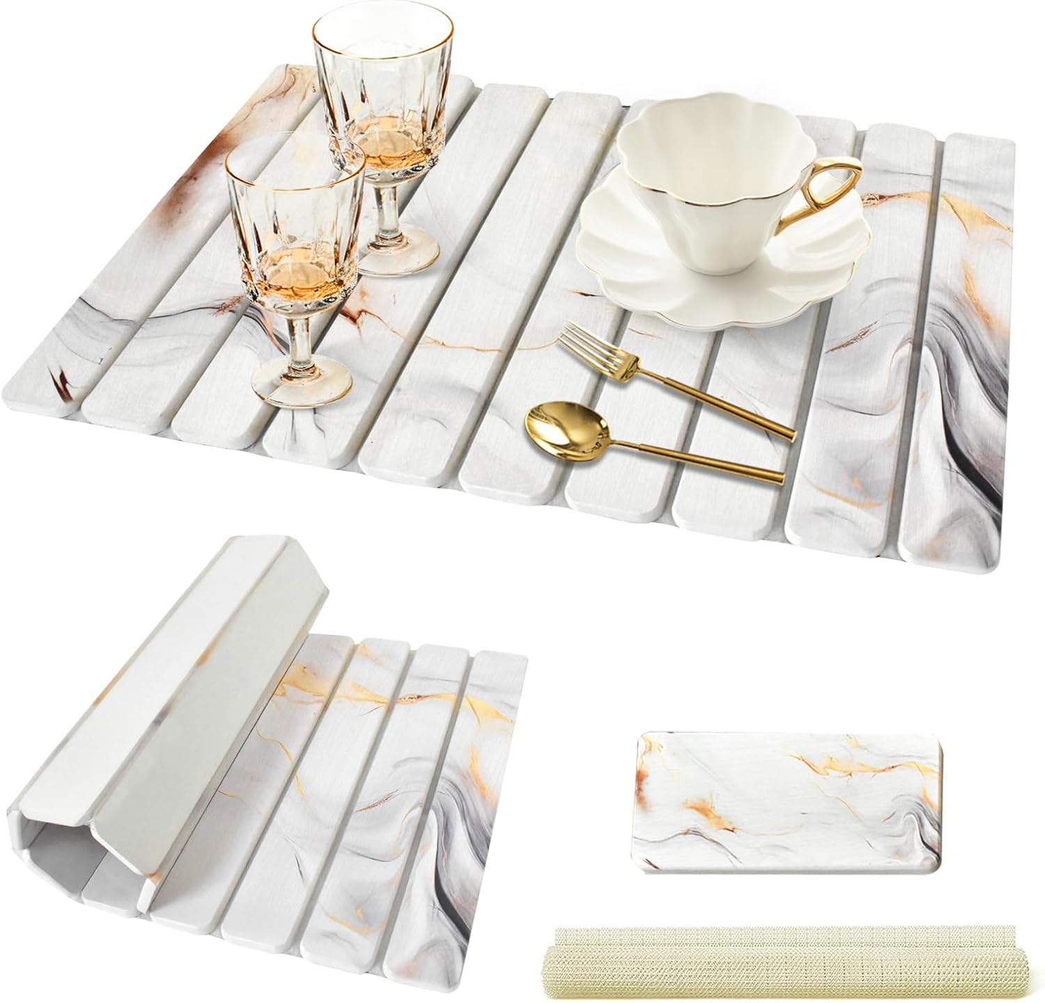 2 PCS Diatomaceous Stone Drying Mat for Kitchen Counter, Quick Dry Collapsible Stone Dishes Mats, Marbled Absorbent Bath Mat for Countertop Bottles Utensils Cups, Dark Gray 24"×16" & 8"x4"