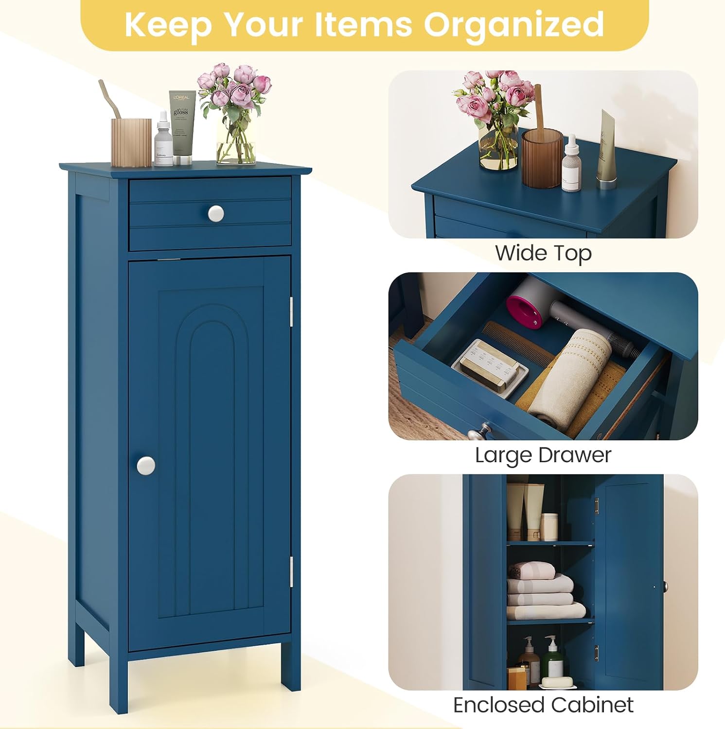 DREAMADE Small Bathroom Storage Cabinet, Narrow Storage Organizer with Drawer & Single Door, Adjustable Shelves, Slim Cabinet for Small Space, Bathroom & Living Room, Blue
