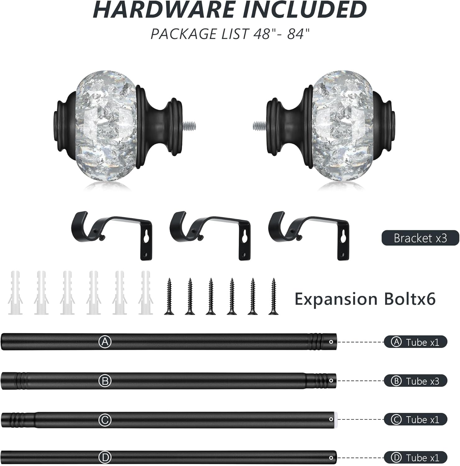 Black Curtain Rods for Windows 48-84 Inch, 6/8 Inch Adjustable Telescoping Drapery Rod with with Translucent Gold Foil Finials, Decorative Single Curtain Rod Set for Bedroom Living Room