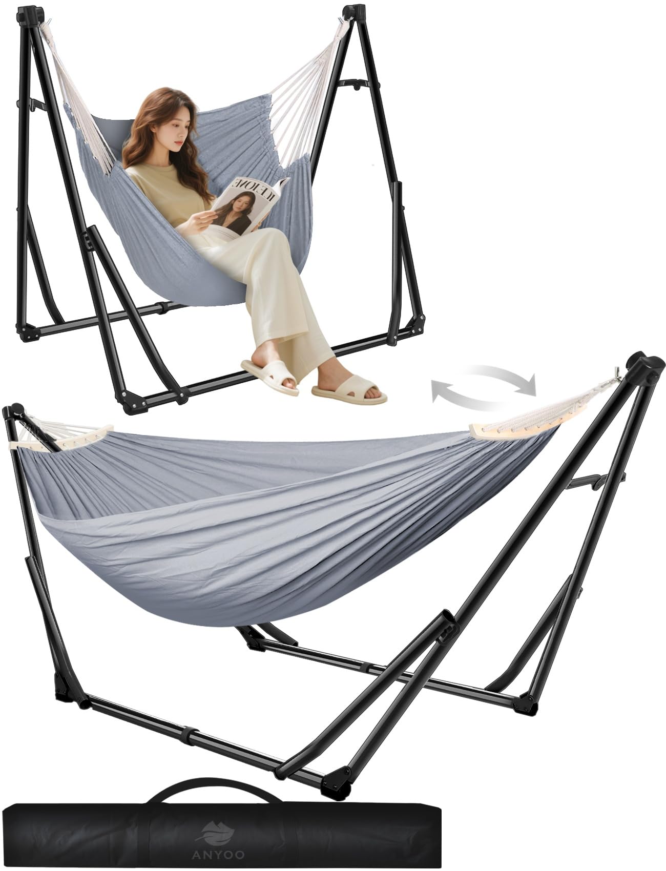 Anyoo Hamaca y Silla de Algodón Con Soporte Plegable, Set Portátil de Doble Uso Para Interior y Exterior, Jardín, Terraza, Patio, Camping, Cubierta