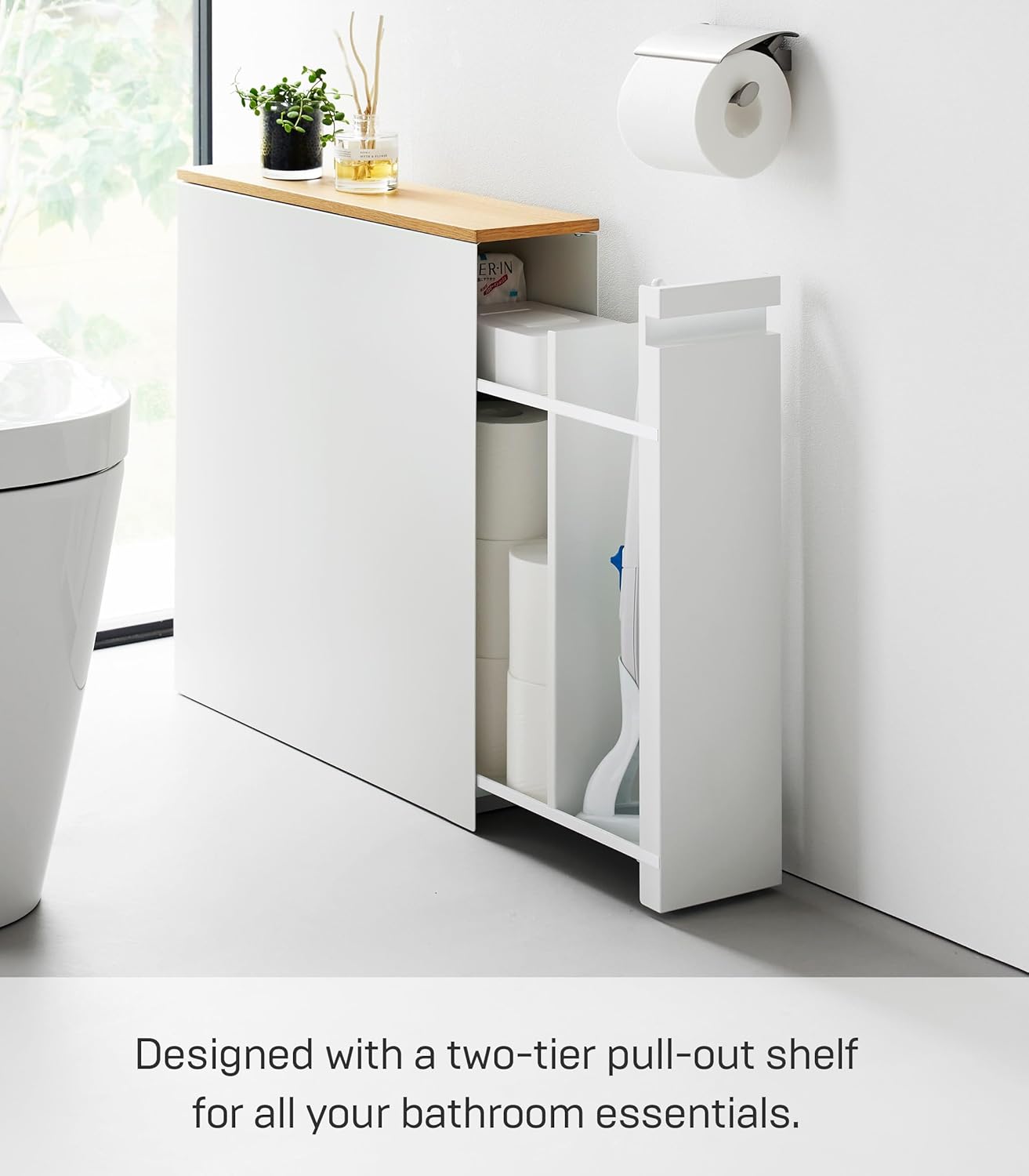 Yamazaki Home Pull-Out Bathroom Storage Cabinet – Slim Bathroom Storage Cabinet with Wood Top, Steel Organizer for Toilet Paper and Cleaning Supplies, Modern Space-Saving Design, White - Steel + Wood