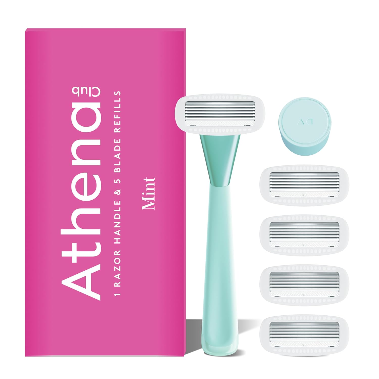 Athena Club Women’s Razor Kit, 5-Blade Cartridge Razor for Sensitive Skin, Serum-Infused Blades with Shea Butter and Hyaluronic Acid, Includes Handle, 5 Refills and Magnetic Shower Hook - Mint