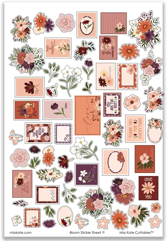 Paper & Sticker Kit - Bloom - 20 Double-Sided 12x12 Papers with 39 Designs & 1 8X12 Sticker Sheet - Scrapbooking Card Making Crafting - by Miss Kate Cuttables
