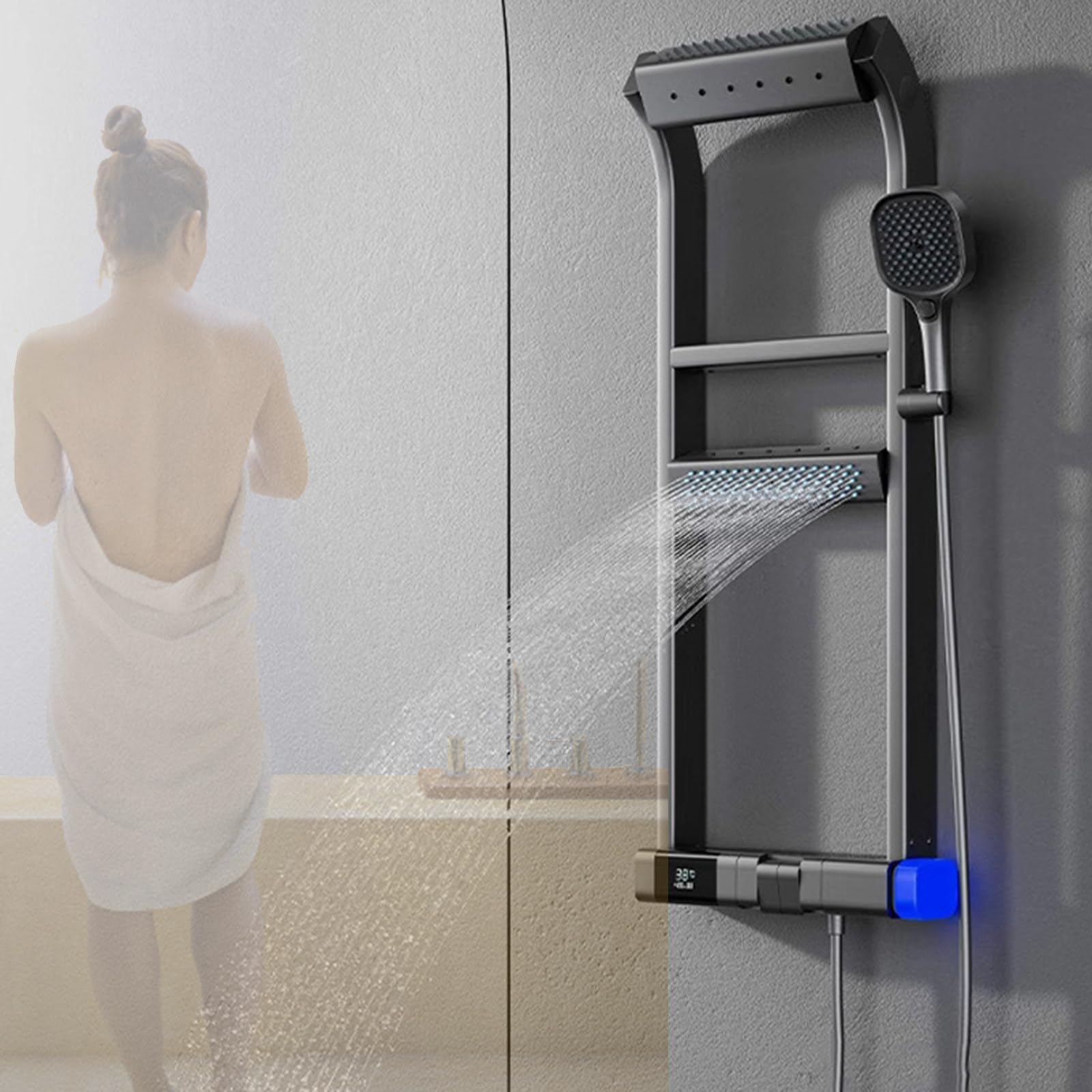 De Panel De Ducha con Pantalla LCD,Columna Ducha Hidromasaje con Grifo,Multifuncional Duchas De Baño Columna Termostatica,Thermostat,GunmetalGray